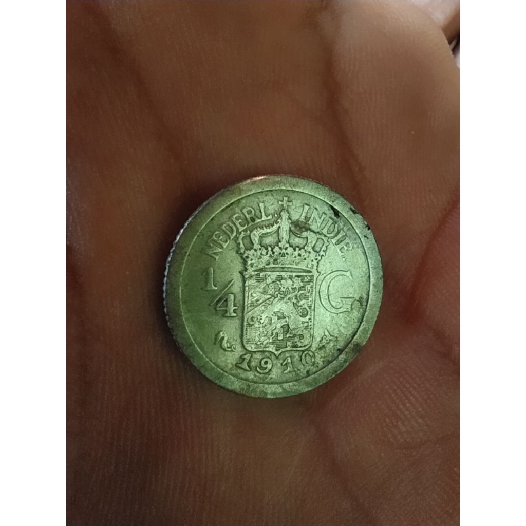 uang koin kuno asli  nederl indie 1/4 G buatan tahun 1910 cocok buat koleksi