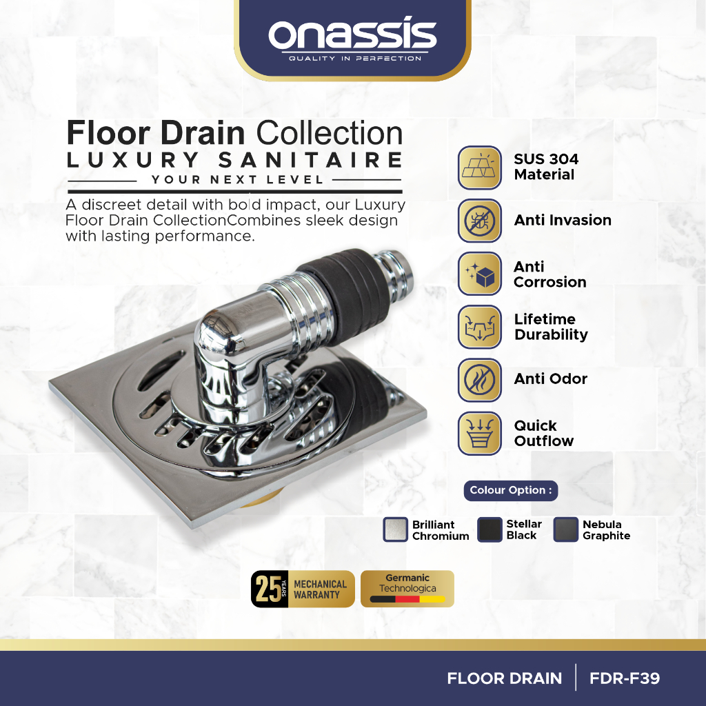 Onassis Floor Drain SUS 304 FDR-F39 Anti Bau & Serangga, Garansi Mekanikal 25 Tahun Afur Lantai
