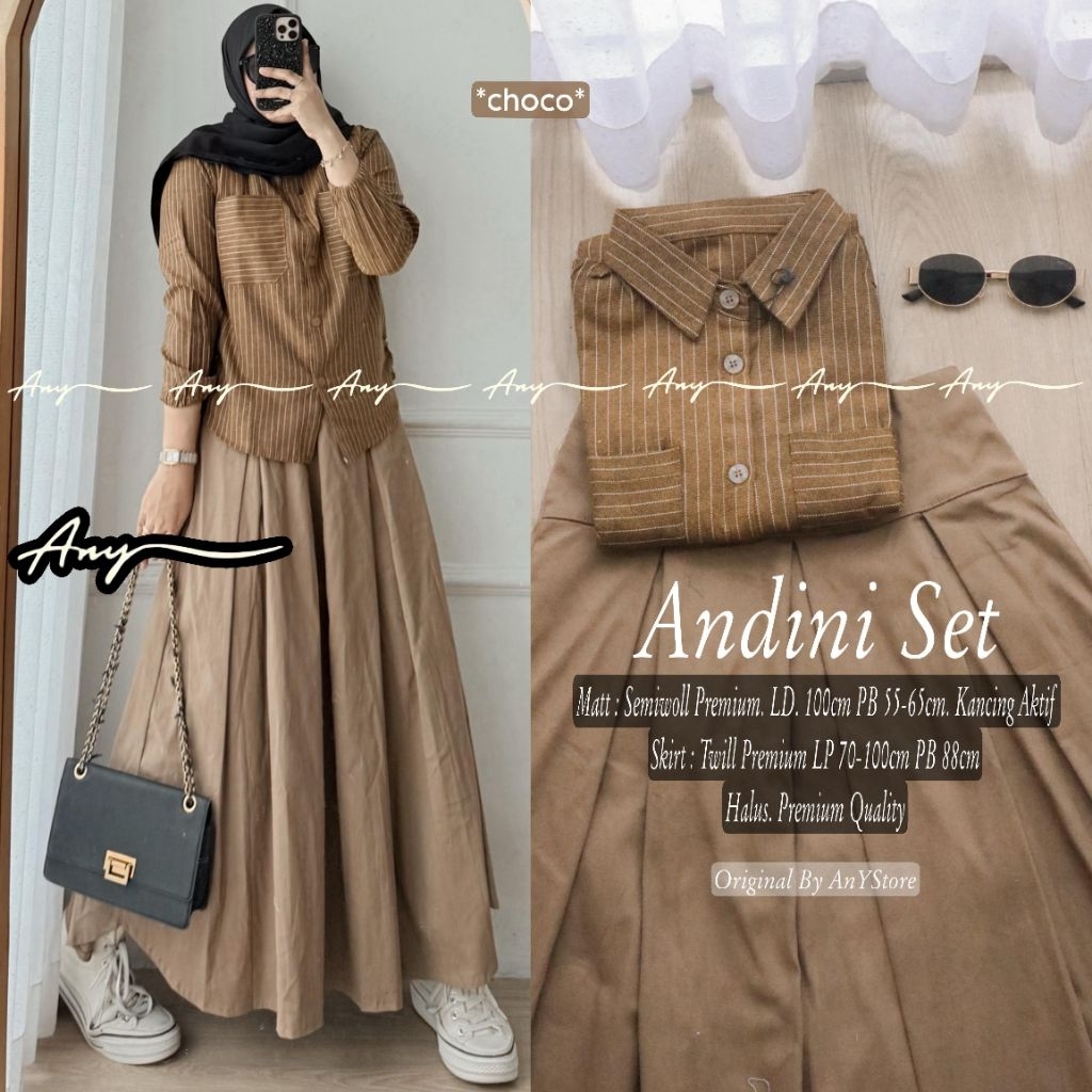 Andini one set rok jeans by A.N.Y kemeja stripe baju kemeja wanita one set wanita kekinian rok panja