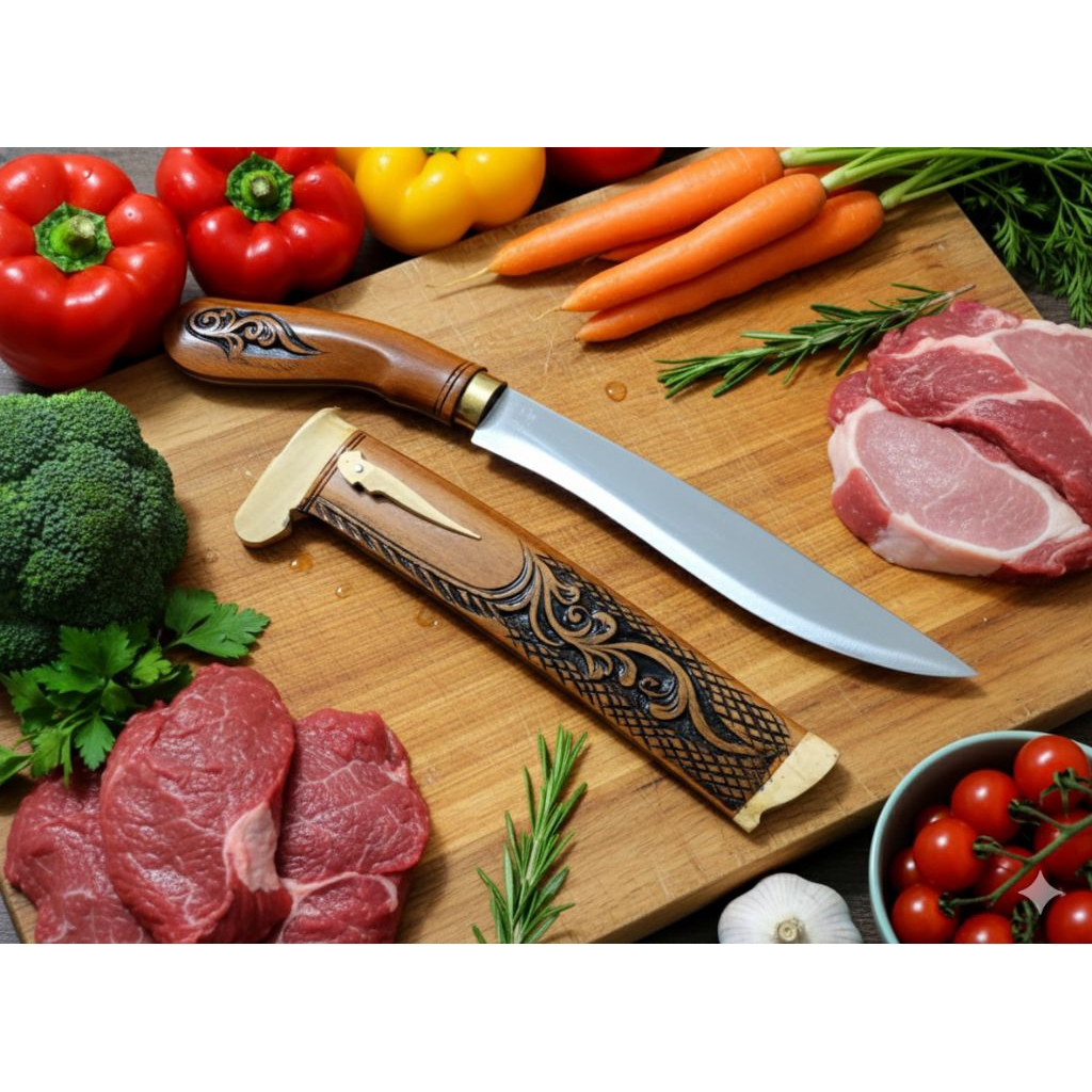 Pisau sembelih baja kayu Rasamala ukir