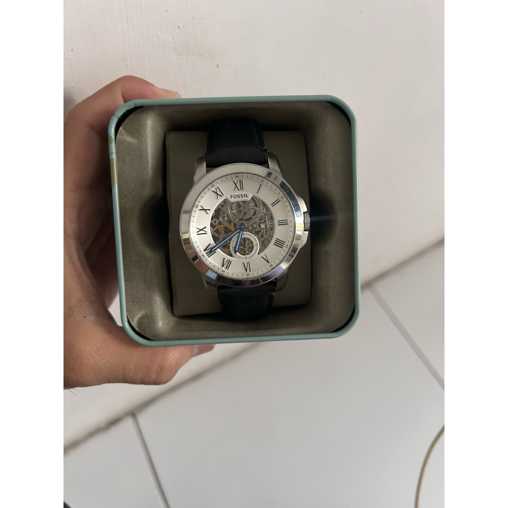 Fossil ME3053 Grant Silver Skeleton Dial Black Leather Strap Watch