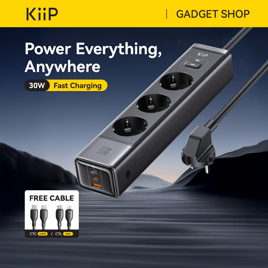 KiiP C29T Smart Power Strip GaN 30W 6in1 Charger Stop Kontak Surge Protection Multiple Socket PPS PD