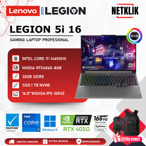 Laptop LENOVO LEGION 5i 16 Core i7 14650HX NVIDIA RTX4050 32GB DDR5 1TB Windows 11 Luna Grey