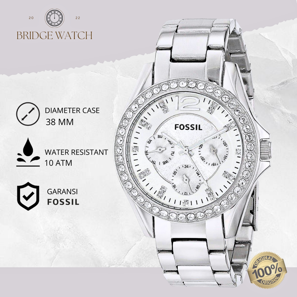Jam Tangan Wanita Fossil Riley ES3202 Chronograph Silver Stainless Steel Strap Rantai Mewah Original