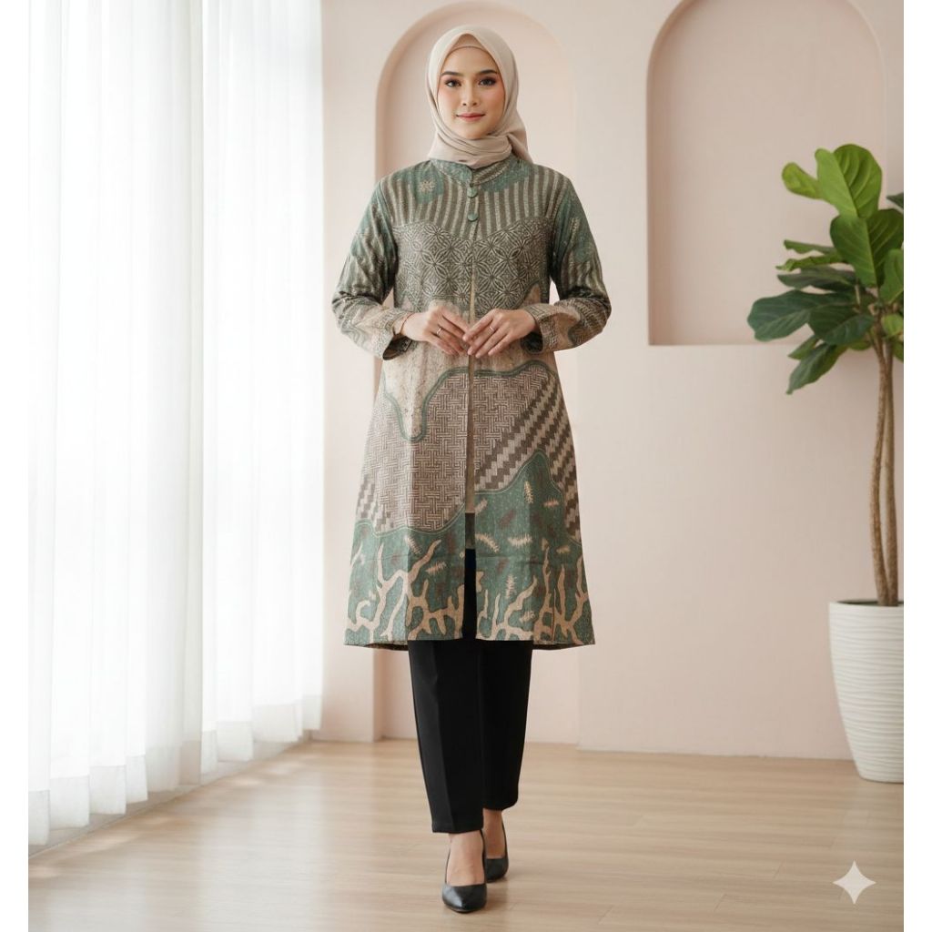 RISNA BATIK Tunik Hijau Sage Batik Katun Premium KMF 62
