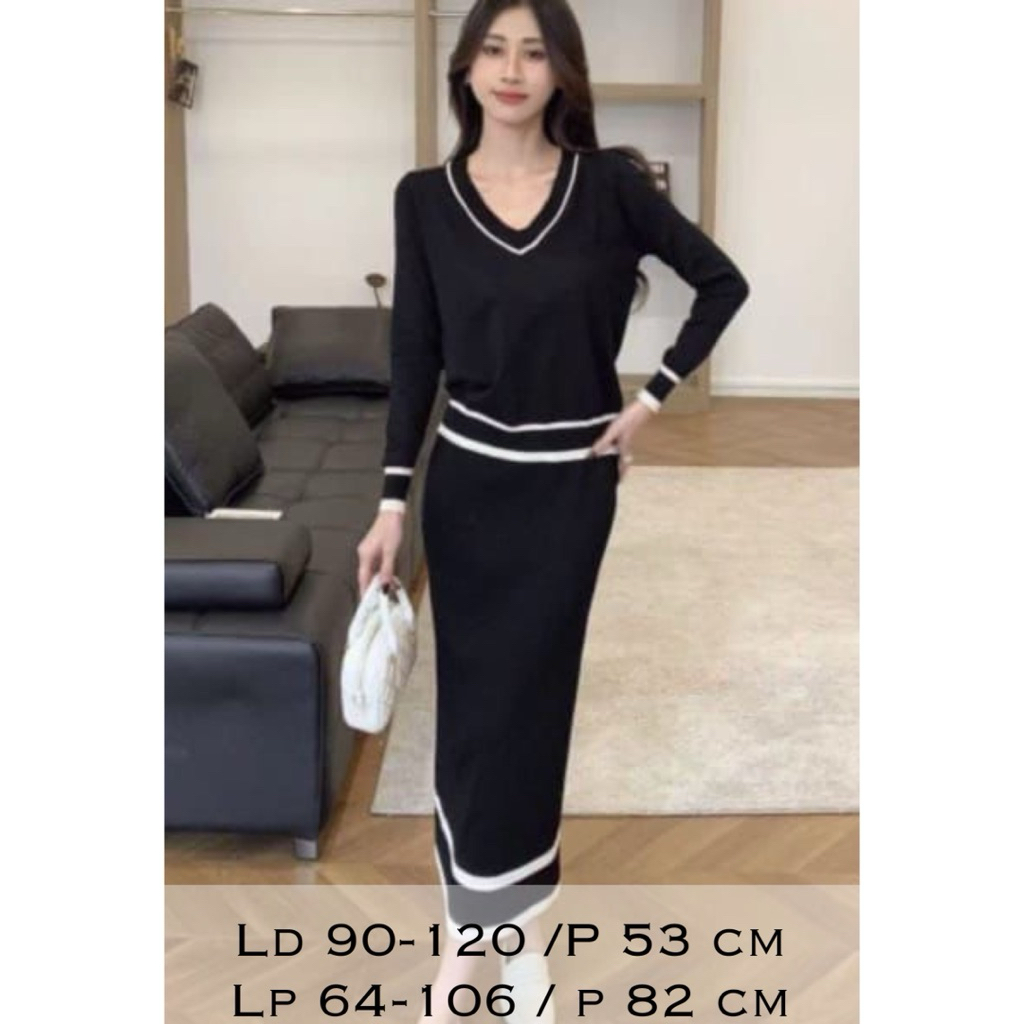 set knit setelan rajut lengan panjang rok span knit rok rajut