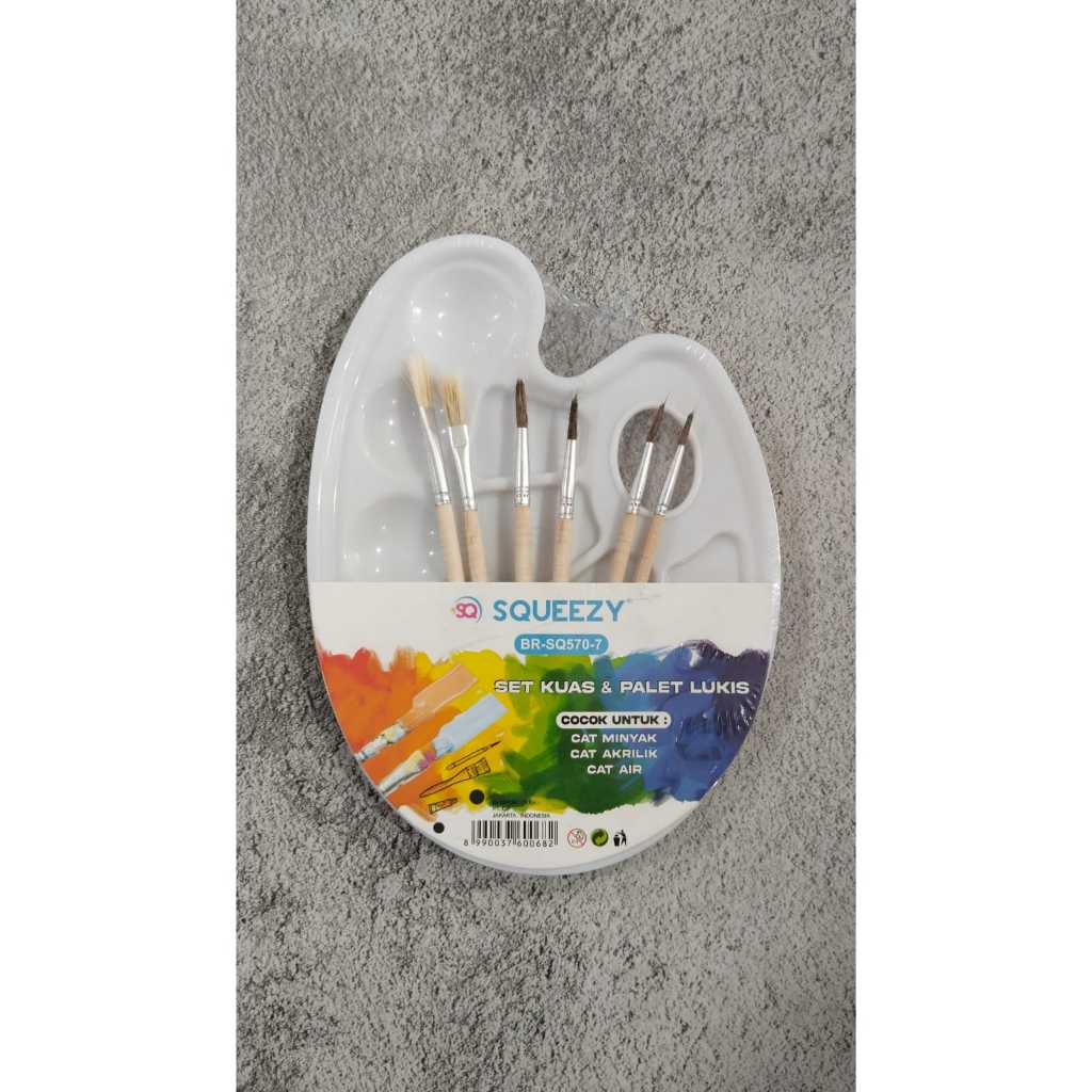 kuas set isi 6 plus 1 palet, kuas set squeezy, kuas cat, kuas lukis, palet set