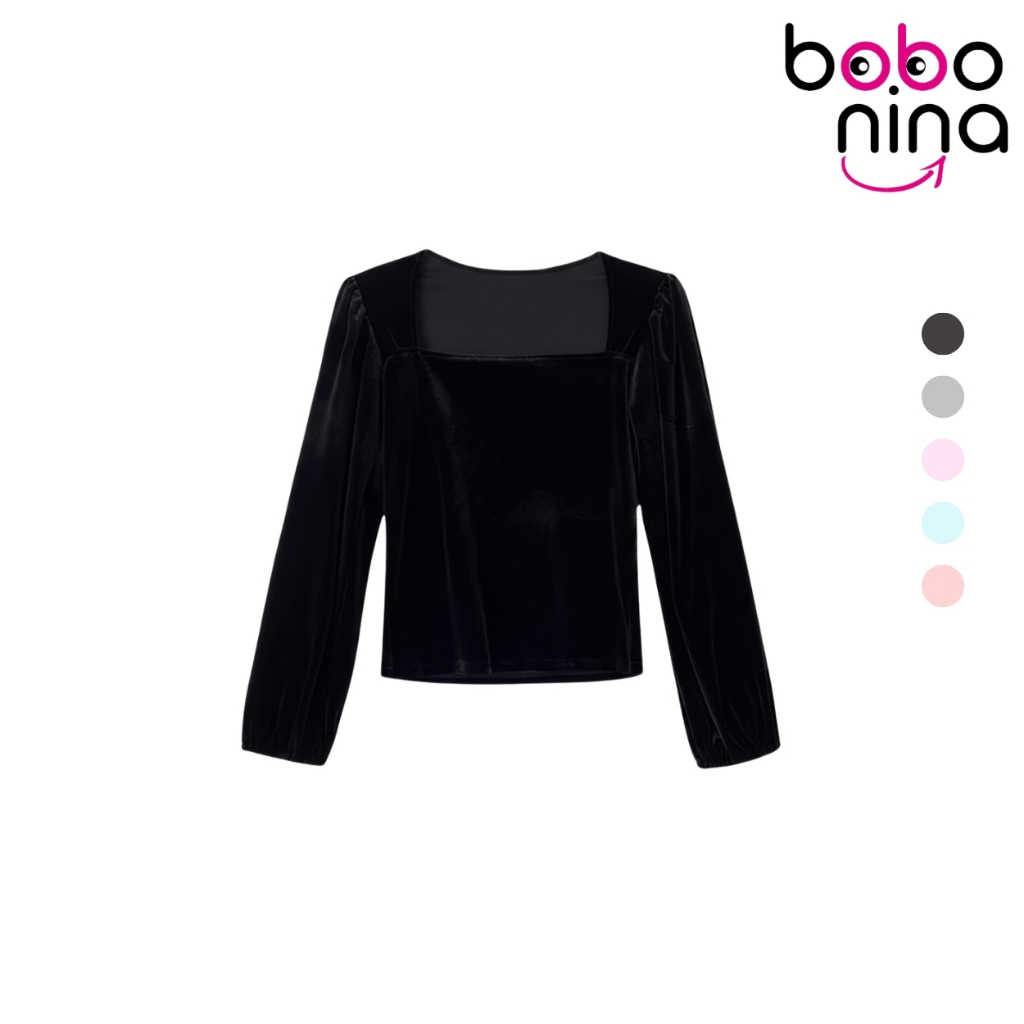 Ninabobo SL033 Korean Blouse Velvet Top Square Neck Long Sleeve Bluse Lengan Panjang Puff