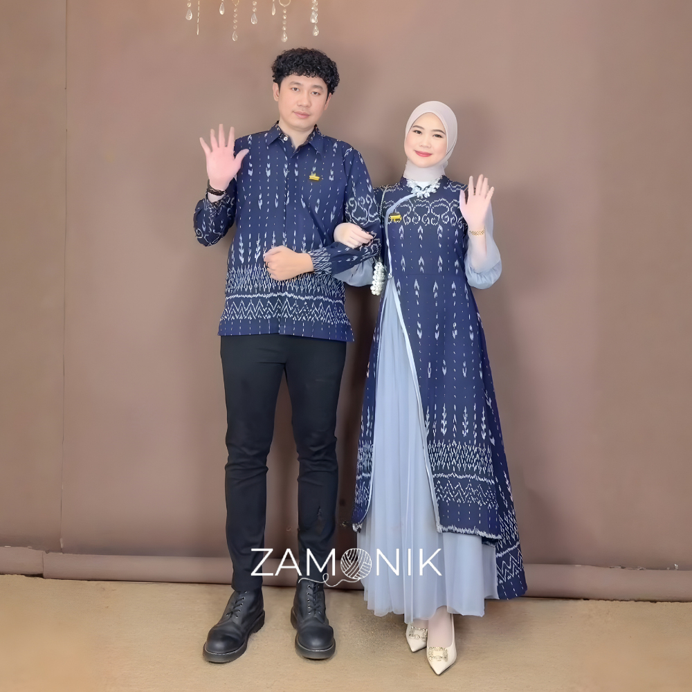 Zamonik - Set Baju Couple Gamis Dress Kemeja Tenun Simpel Mewah Elegan Snow Navy