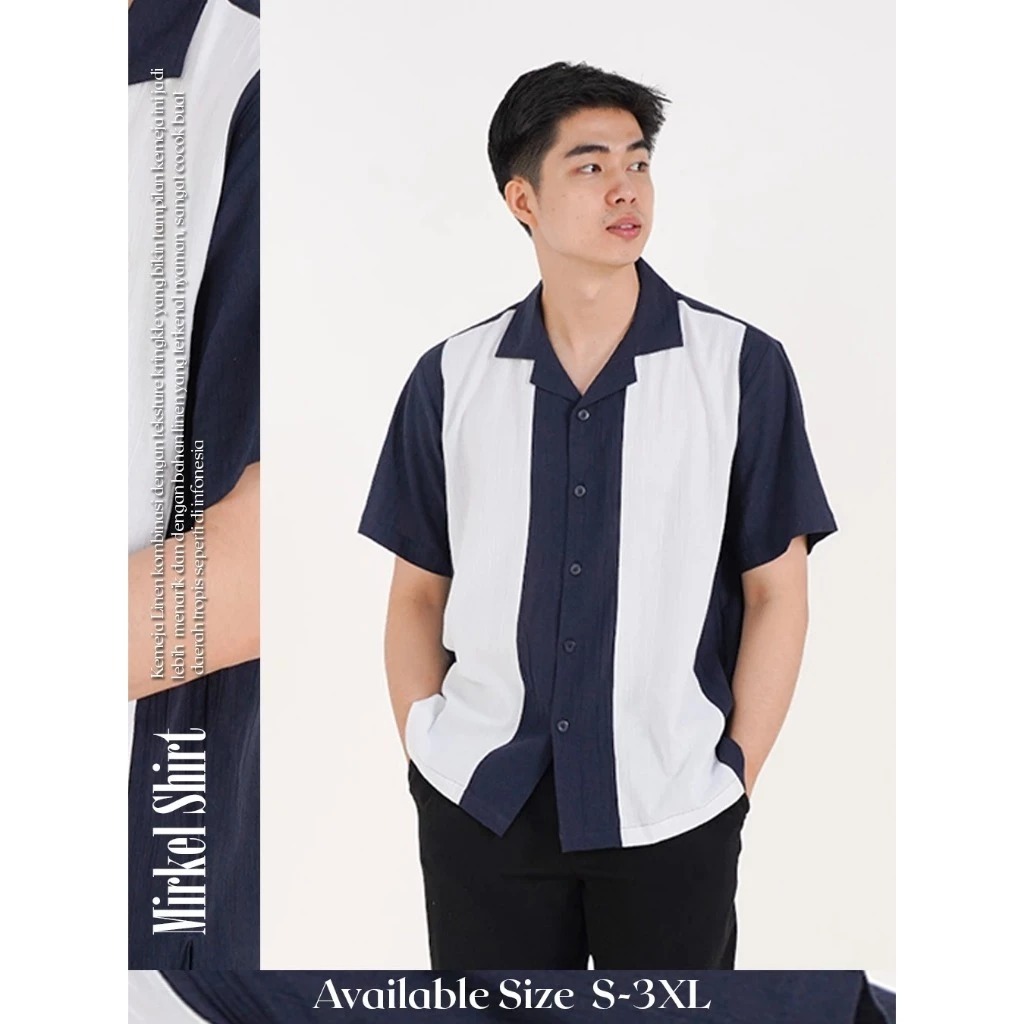 Kemeja Linen Pria Lengan Pendek Kombinasi Vintage - Bowling Shirt Mirkel