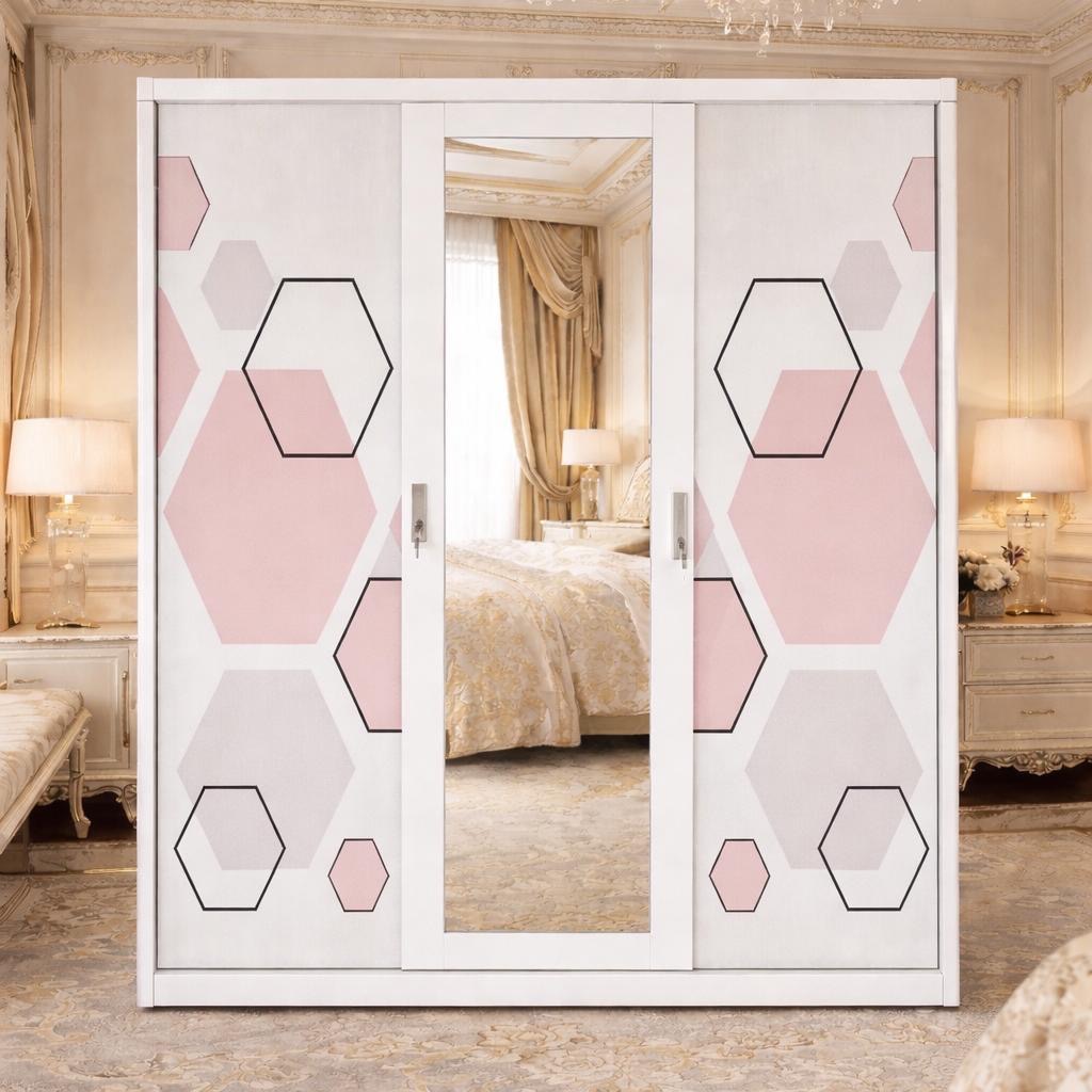 LEMARI BESI SLIDING 3 PINTU 160CM LEMARI BESI PAKAIAN LEMARI BAJU MINIMALIS FULL MOTIF & FULL PLAT B