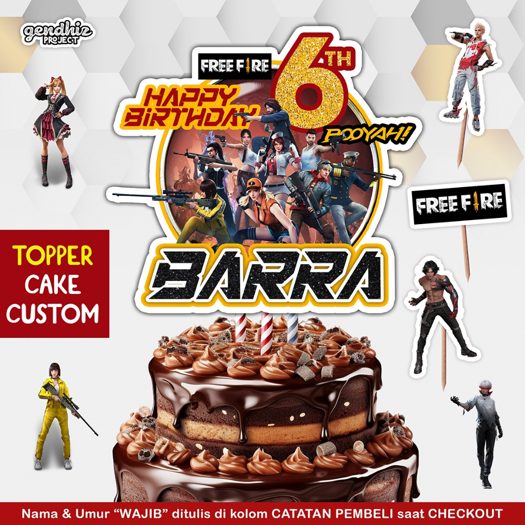 Topper Cake Free Fire Custom Nama & Umur | Ulang Tahun Anak Tema Game FF