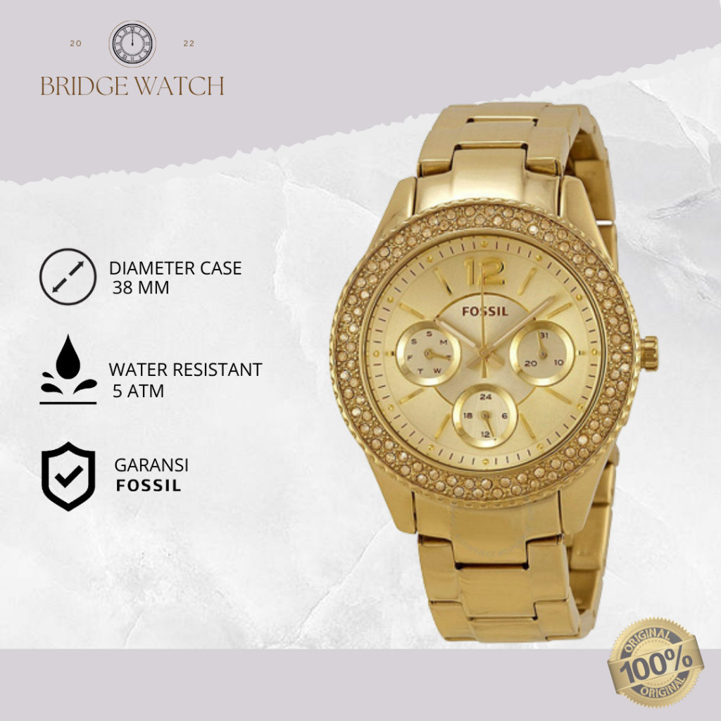 Jam Tangan Wanita Fossil Stella ES3589 Chronograph Gold Stainless Steel Mewah Original