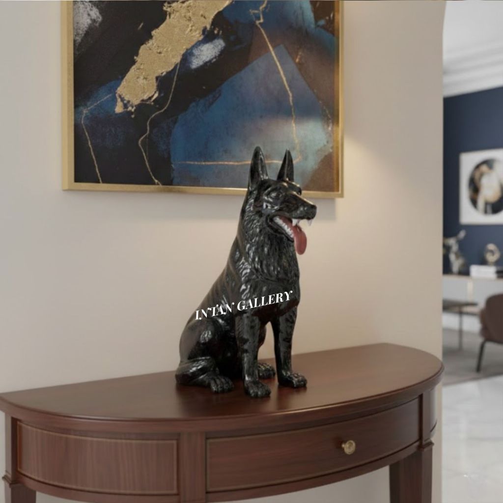 Pajangan Patung Keramik Porselen Anjing German Shepherd - Gratis Packing Kayu