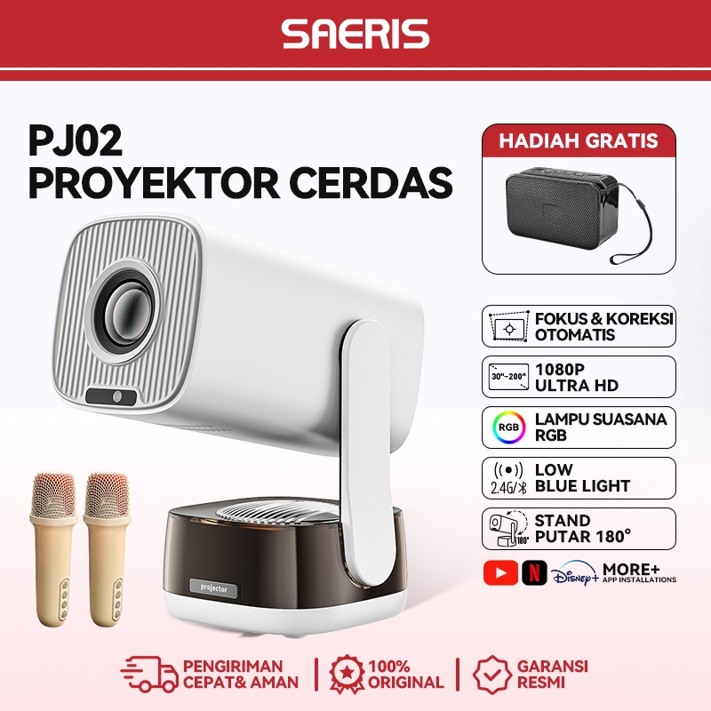 SAERIS Proyektor Android 4K Full HD Proyektor hp ke Dinding Max 200" AI Auto Infokus WiFi 5G RGB