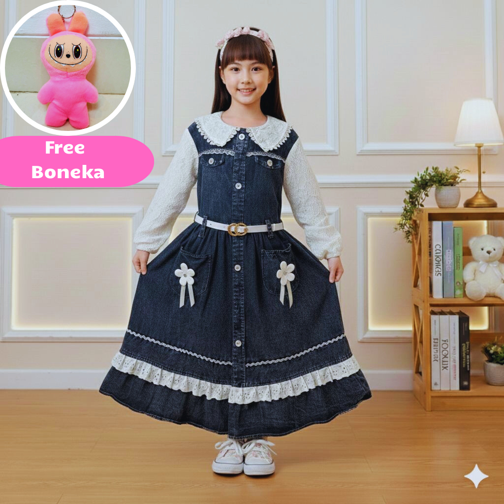 Gamis Jeans Mix Brokat Import Anak Perempuan Usia 3 - 12 Tahun Terlaris Fashion Anak Viral Terbaru
