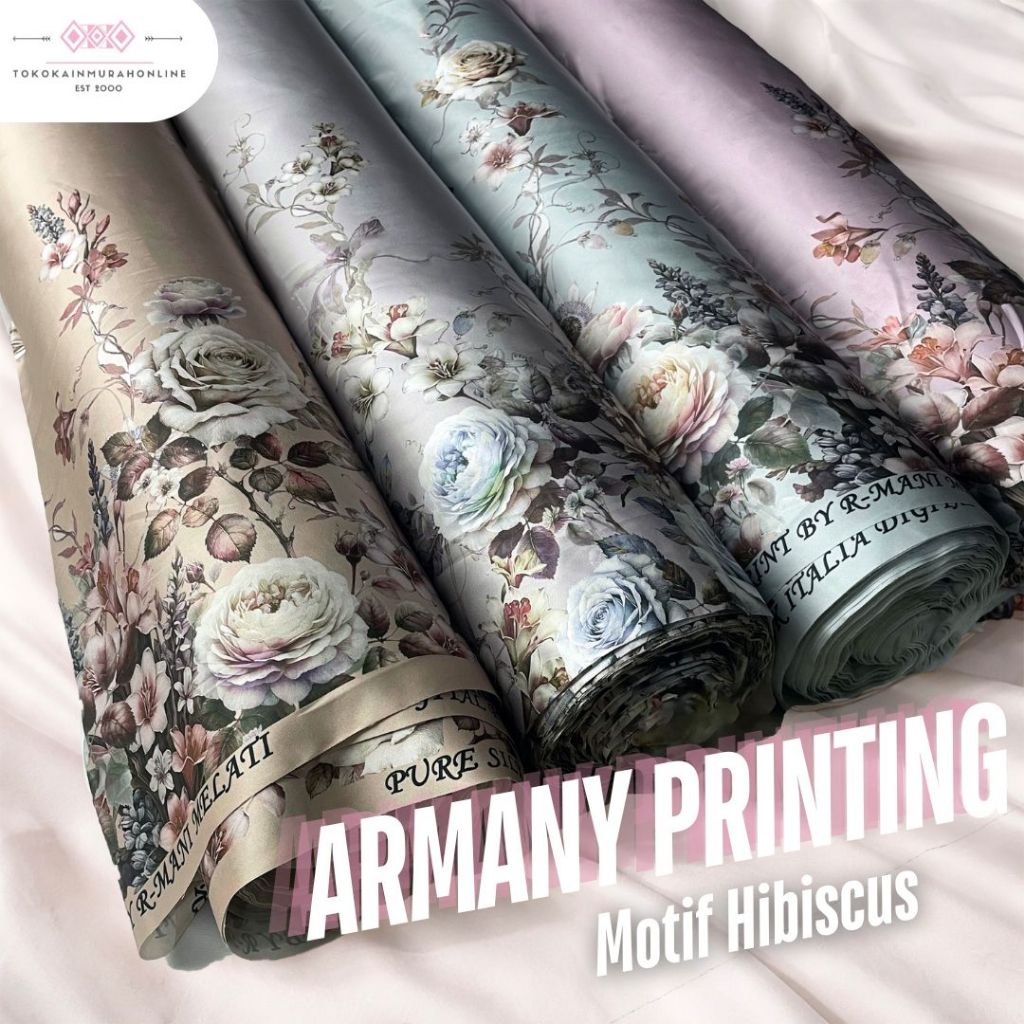 Kain SATIN ARMANY Original PRINT Motif HIBISCUS Kembang Super Silk Premium Kain Satin ARMANI 100%