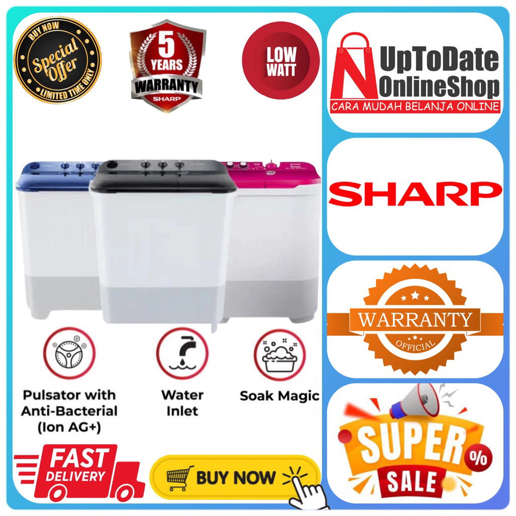 MESIN CUCI 2 TABUNG SHARP ES-T75NT EST75NT ES T75NT SILVER MAGIC PROTECTION PULSATOR TWIN TUB SHARP 