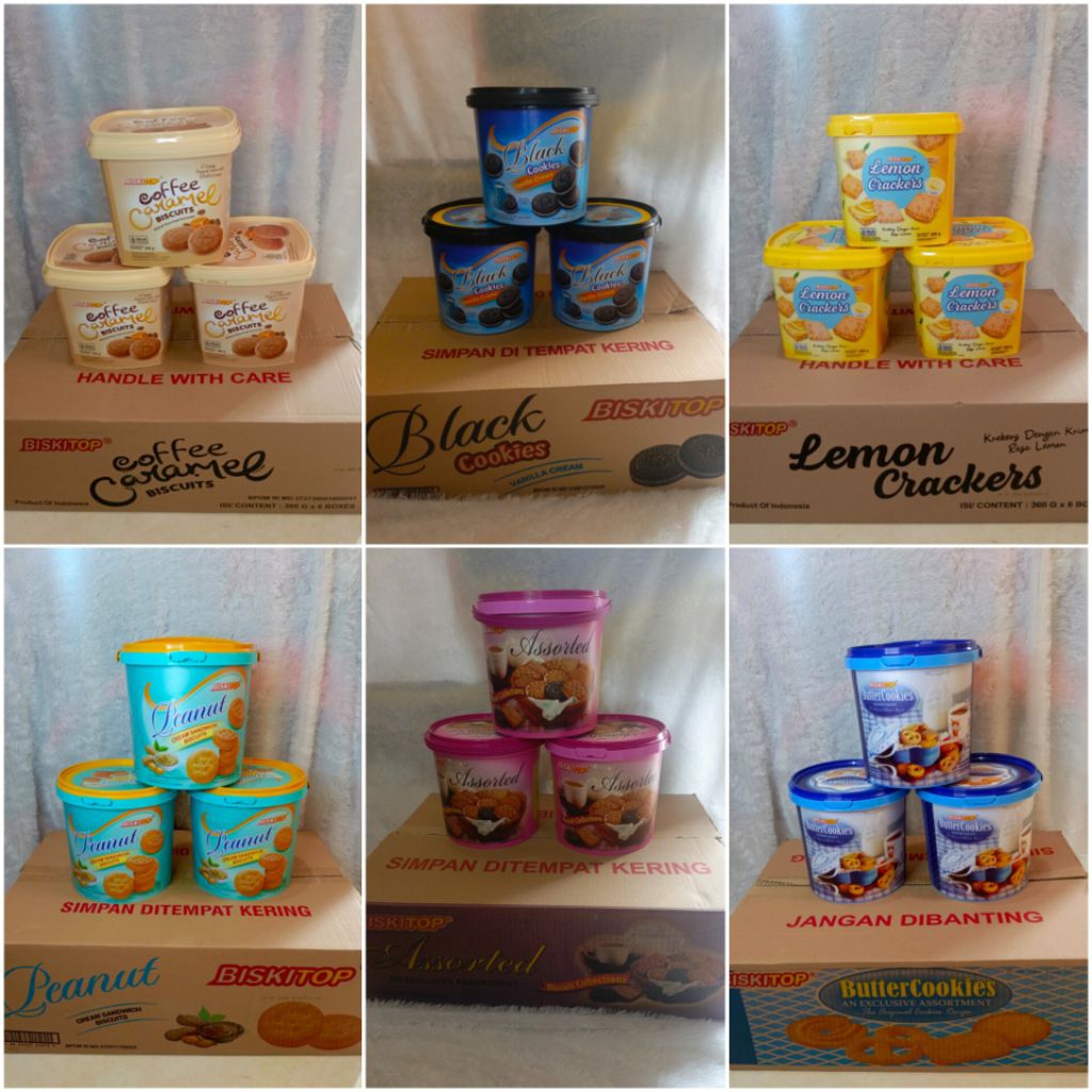 Biskitop Butter cookies, Assorted, Black, Lemon Crackers handle/timba 360gr hampers lebaran 1 dus