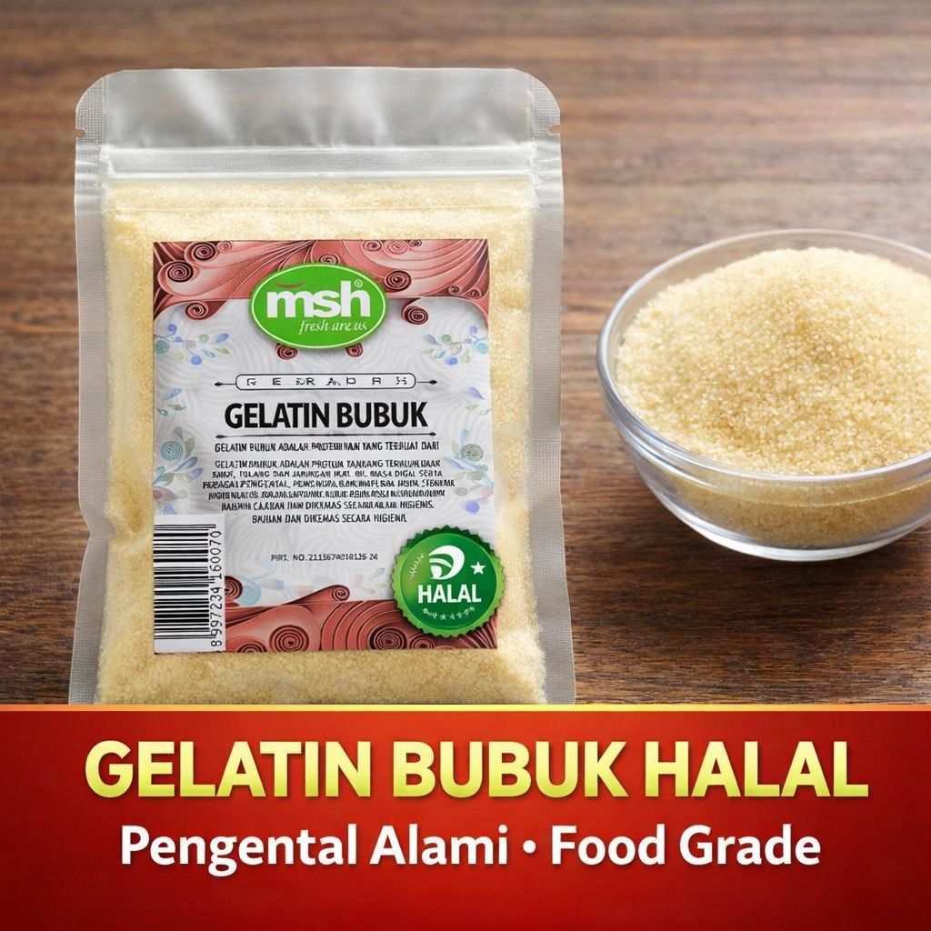 MSH Gelatin Bubuk 50 g , Gelatin Bubuk Asli , Gelatin Sapi Halal , Gelatin Bubuk Premium