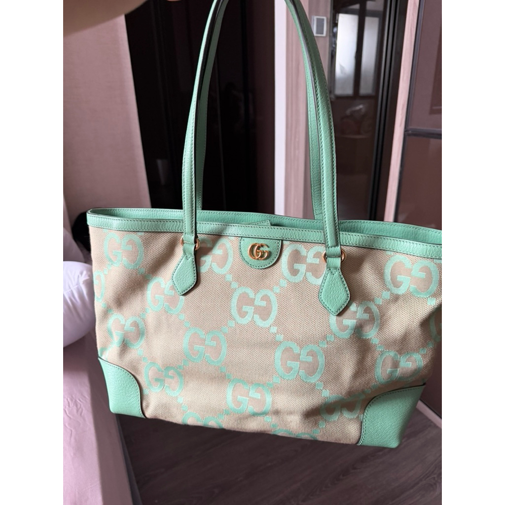Gucci Ophidia Jumbo GG Medium Tote Bag in beige canvas with mint leather trim 2023
