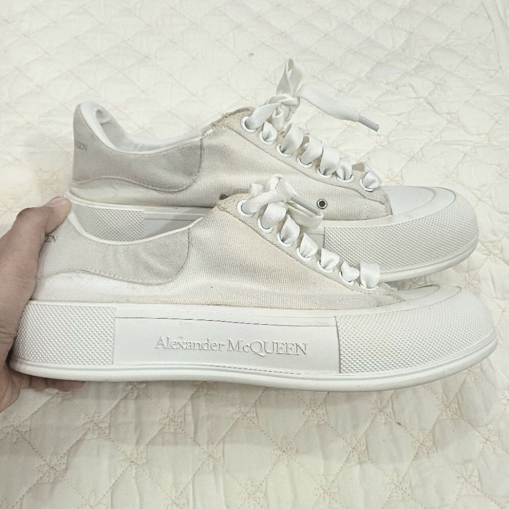 Alexander McQueen Deck Plimsoll Sneakers White Cotton Canvas Suede | Sepatu Trainers Casual Cream Kr