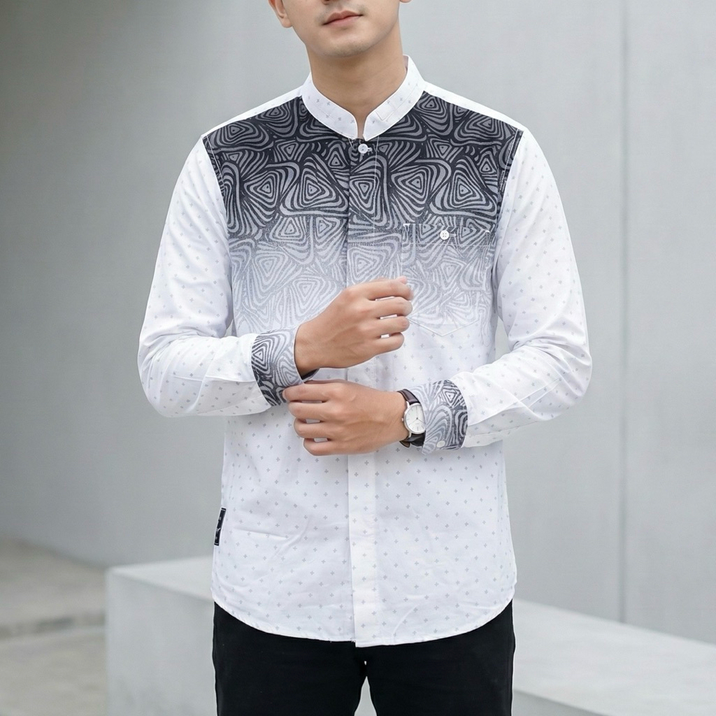 Koko Modern Pria Lengan Panjang Premium - Kemeja Koko Motif Spiral Warna Putih