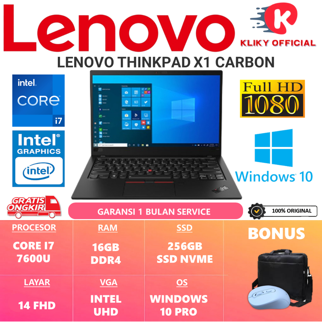 Laptop Kerja LENOVO THINKPAD X1 CARBON INTEL I7 7600U RAM 16GB SSD 256GB 14" FHD WINDOWS 10PRO