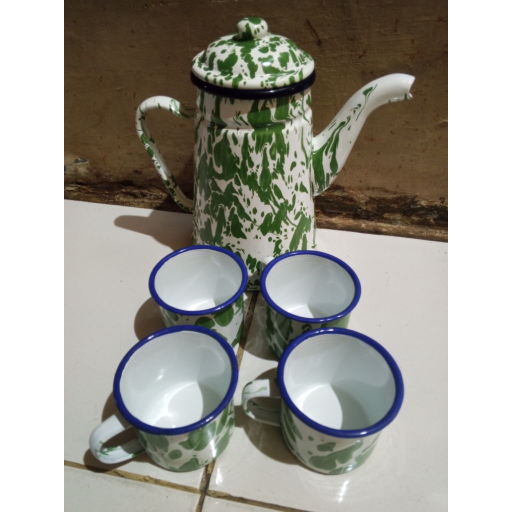1set teko enamel eskan burik blirik+mug 7cm / barang antik jadul