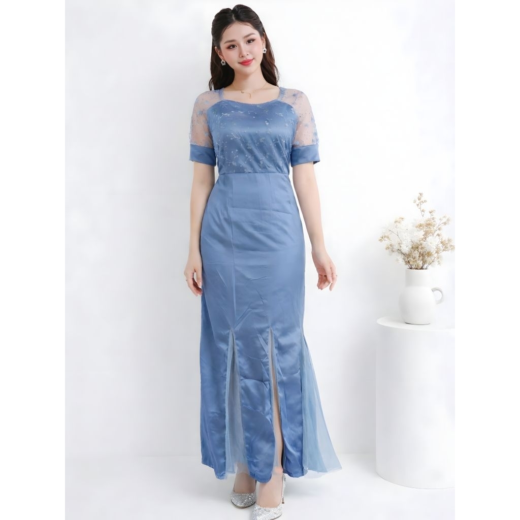 Long Dress Caroline size M L XL Gaun Pesta Brokat Duyung Elegan Baju Natal Cantik Rd