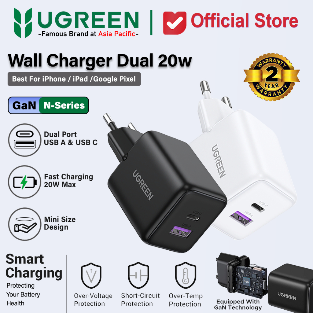 UGREEN Kepala Charger Dual Port USB A & USB Type C Fast Charging 20W 65006