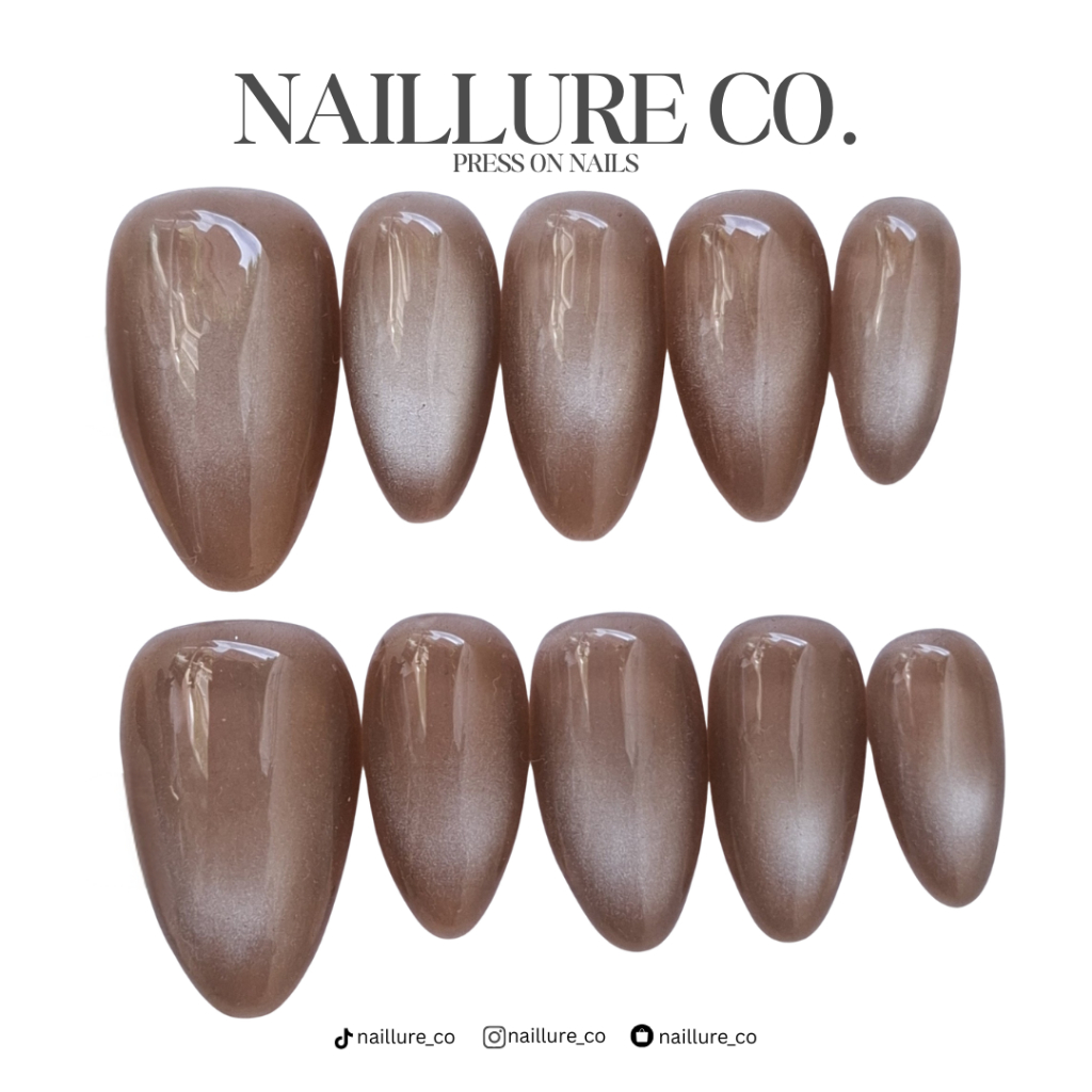 Press On Nails Cat Eye Natural Wedding Wisuda Mahogany Coklat - Fake Nails Custom Size Free Lem