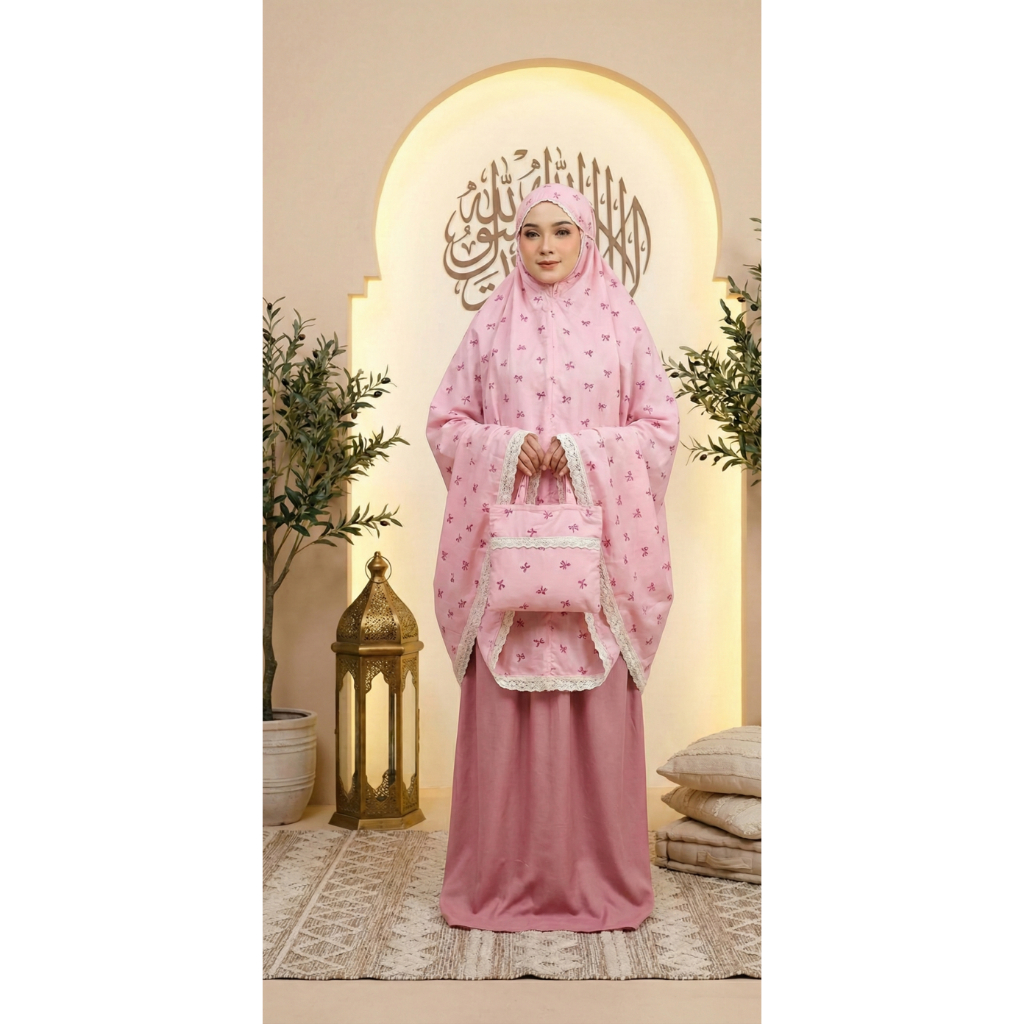 Mukena Dewasa Katun Mikro Motif Pita Cantik | Renda Kecil Minimalis | Mukena Traveling Adem & Lembut