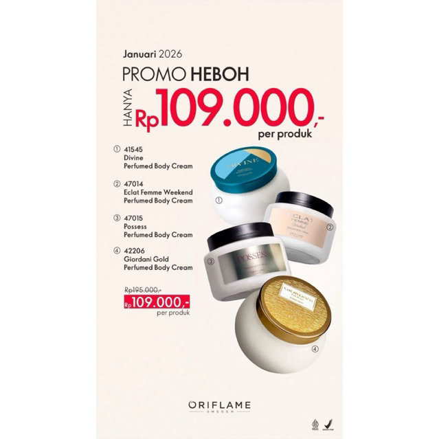 Parfumed Body Cream Oriflame - Possess - Eclat Femme Weekend - Love Potion - Giordani Gold Essenza -