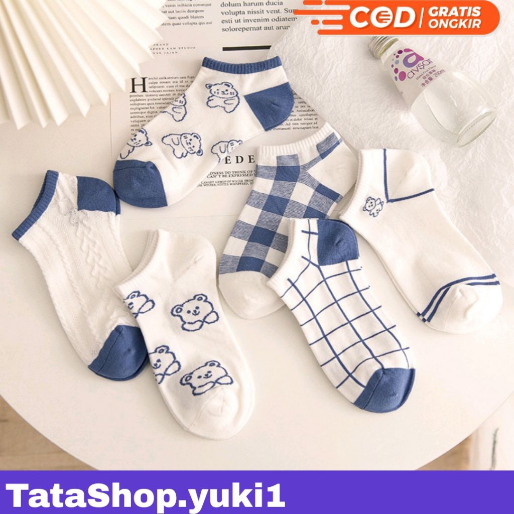 Kaos Kaki Wanita Pendek Import Warna Putih Biru Cute / Kaos Kaki Wanita Fashion Ala Korea / Ankle So