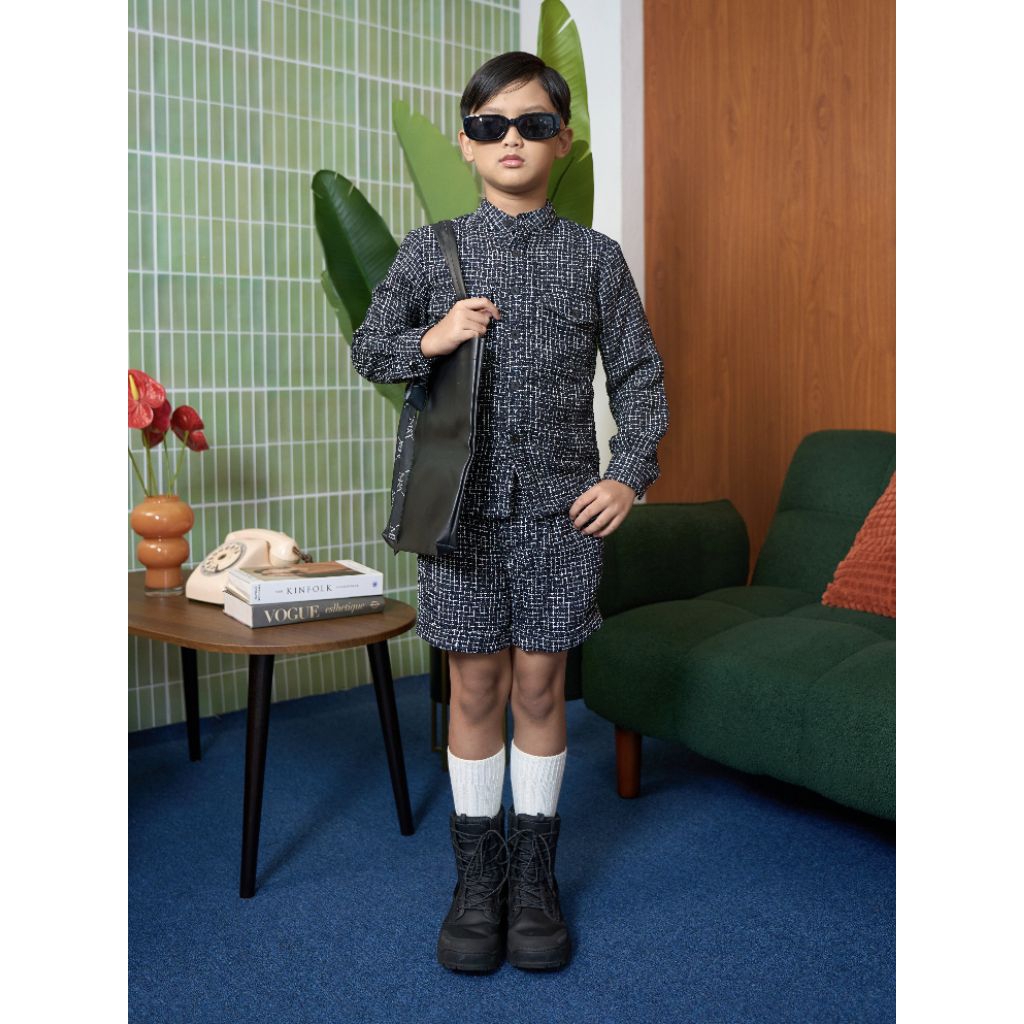 HF LUXA One Set Tweed Kemeja Lengan Panjang & Celana Pendek Full Furing