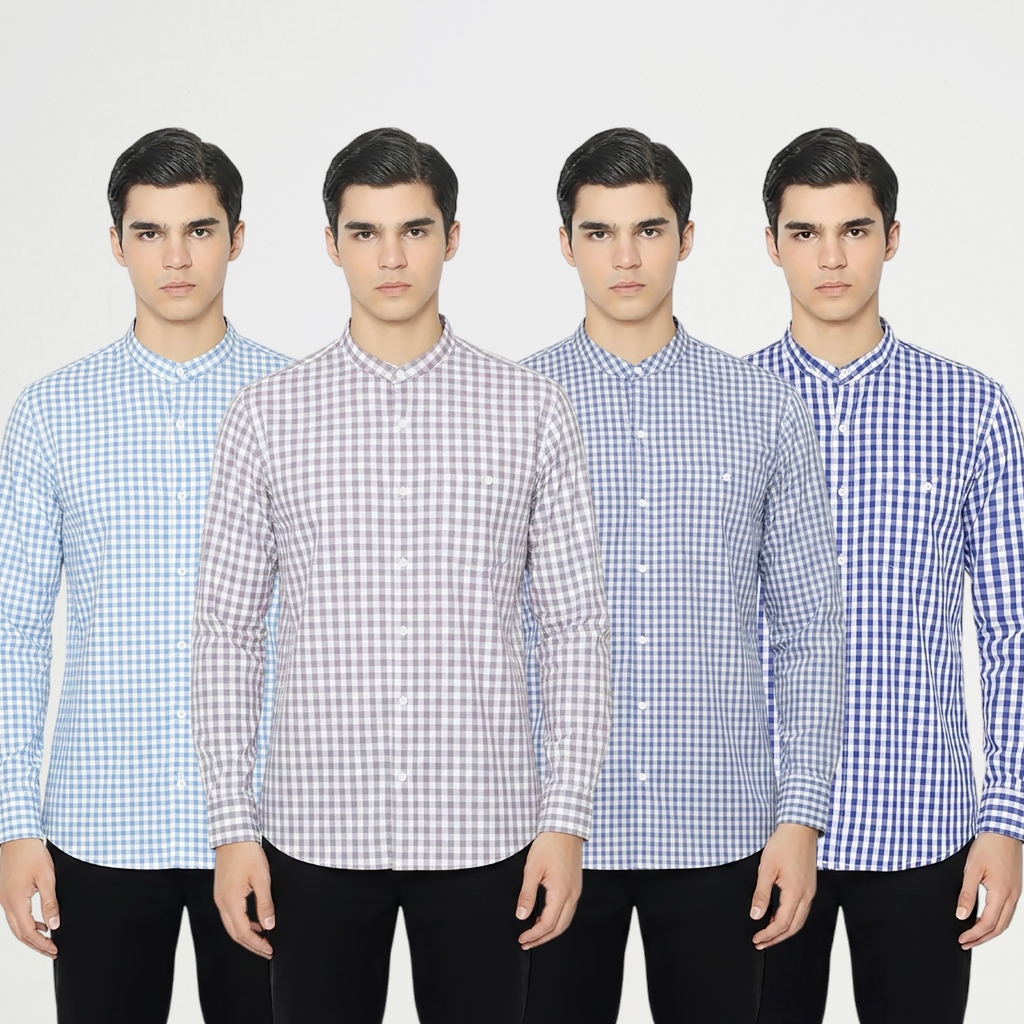 Vanfive Kemeja Koko Kotak Kotak Shanghai Pria Lengan Panjang - Uzzan