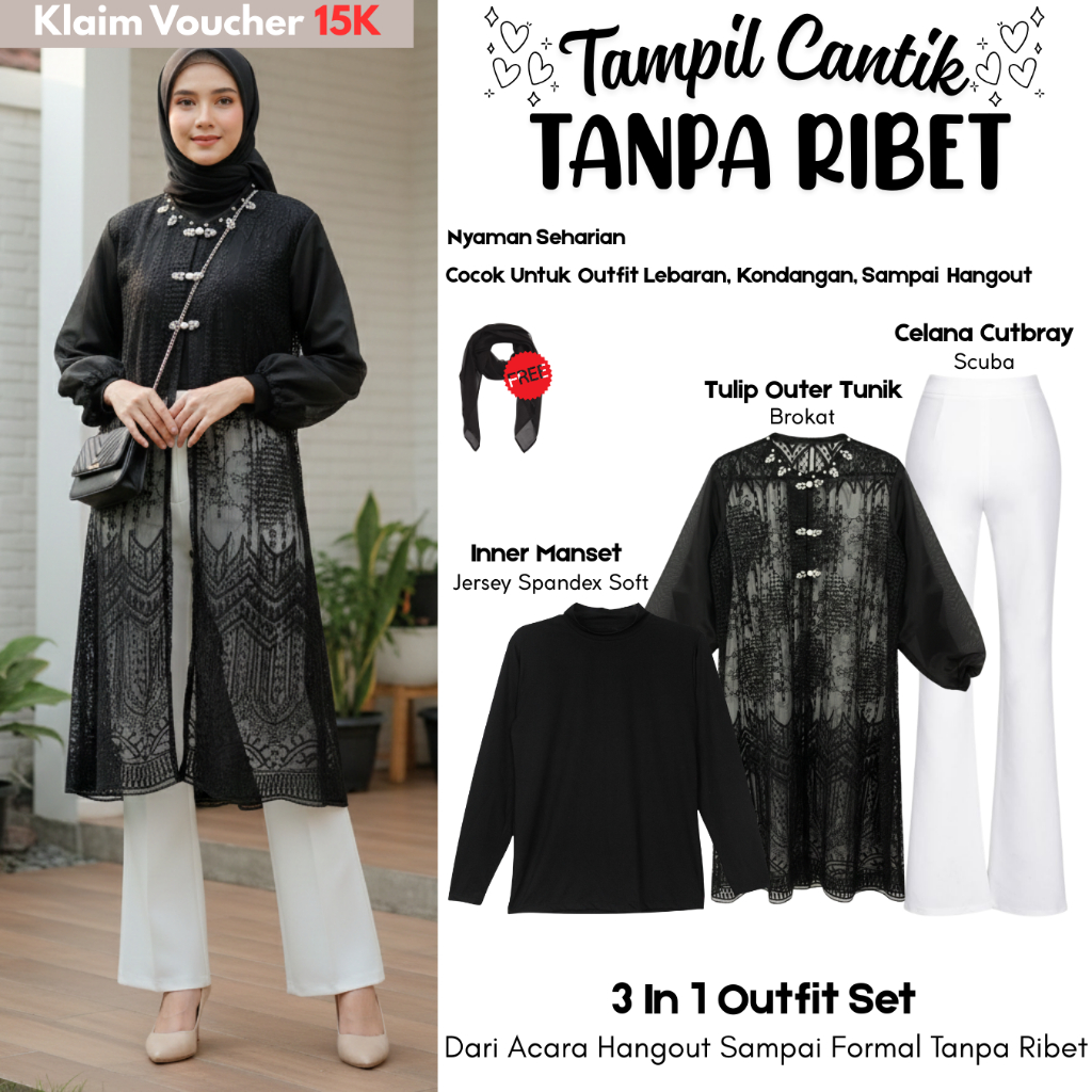 Set Tunik Brokat Wanita (Tulip Outer Tunik + Inner + Celana Cutbray) Outfit Wanita Kekinian | VA200