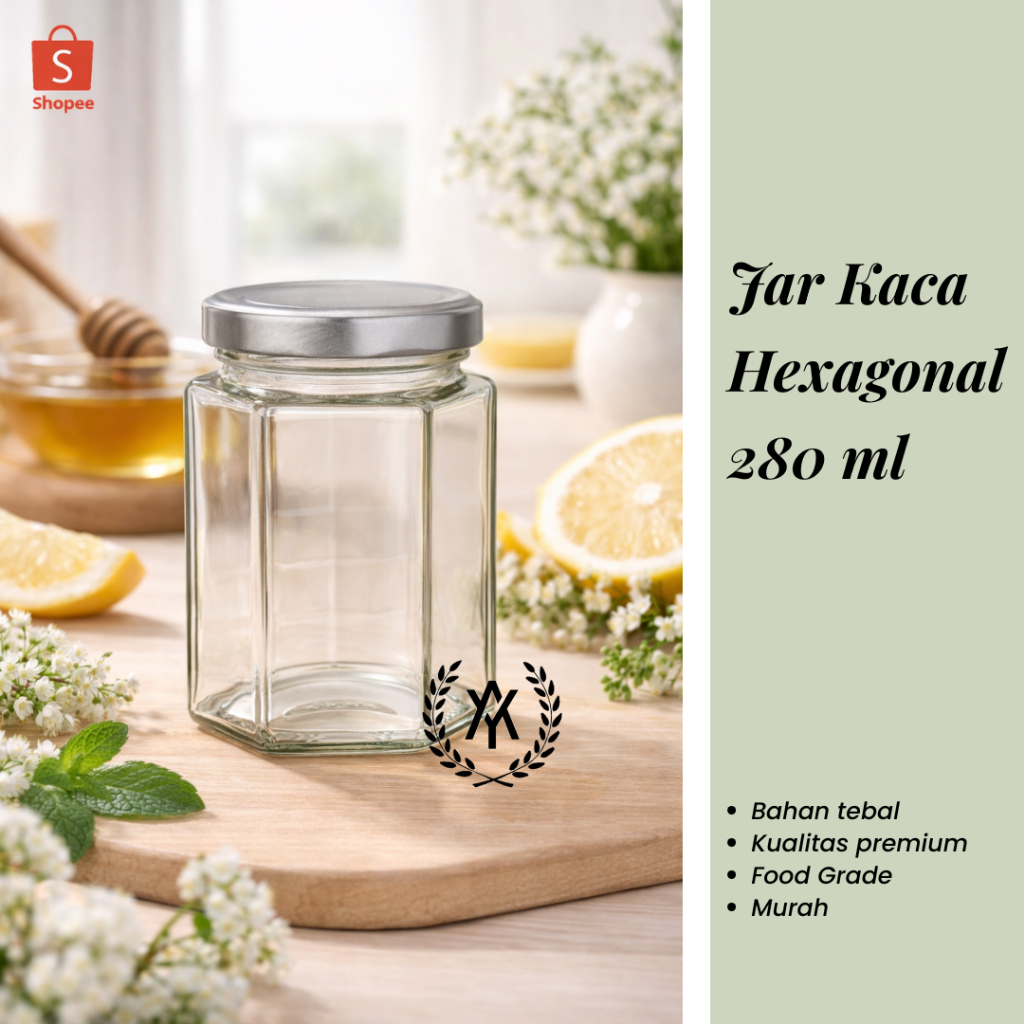 Jar Kaca Hexagonal 280ml - Toples Kaca Segienam Tutup Silver Murah - Wadah Madu Sambal Souvenir