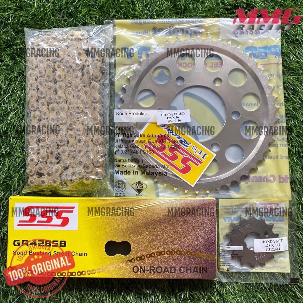 Original Gear SSS Set 428 + Rantai SSS 428 SB untuk motor Cb150x Lubang Baut 6, Cbr150r Baru Lubang 