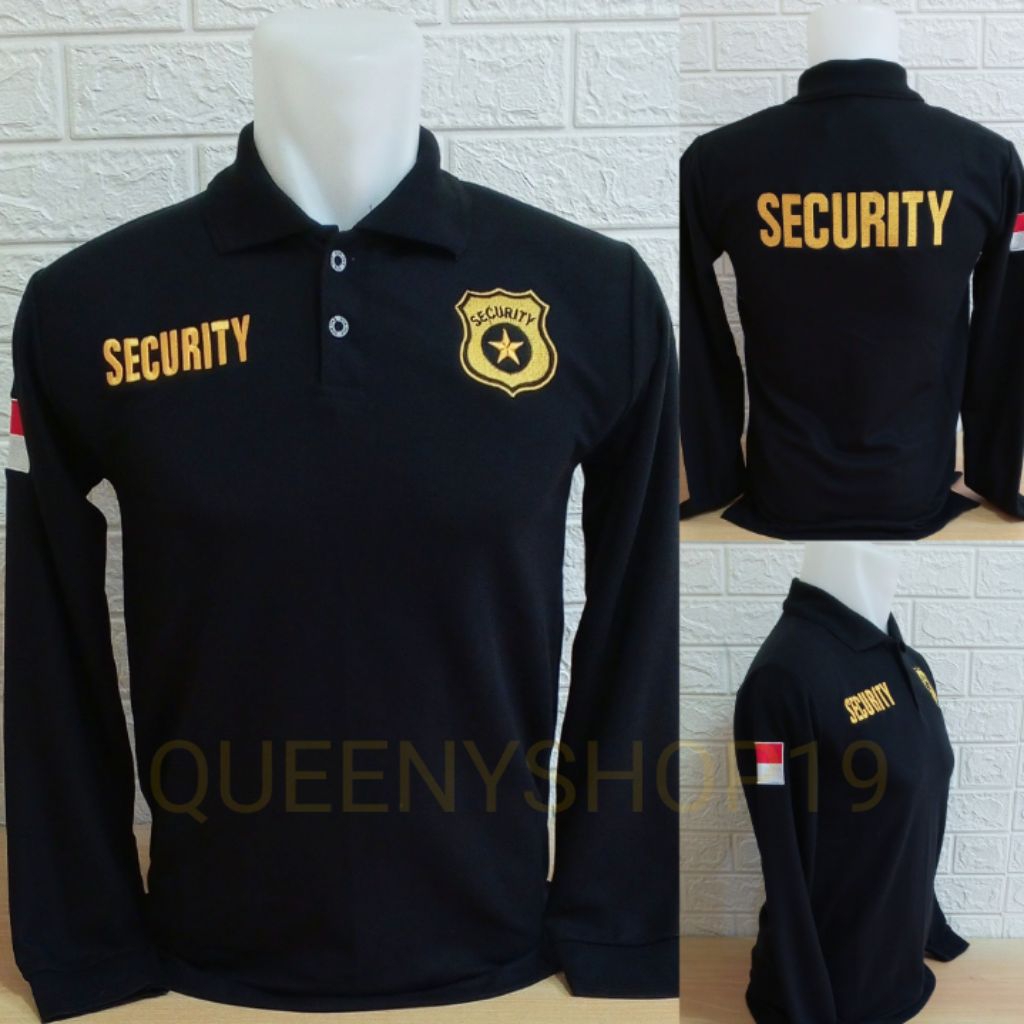 KAOS SECURITY LOGO BINTANG LENGAN PANJANG HITAM FULL BORDIR - KAOS KERAH SECURITY HITAM LOGO BINTANG