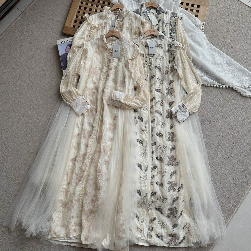 Oclo Mesha Dress 2in1 Vest Embroidery Flower Tulle Gamis Lebaran  Wanita Brukat Renda Bordir Bunga O