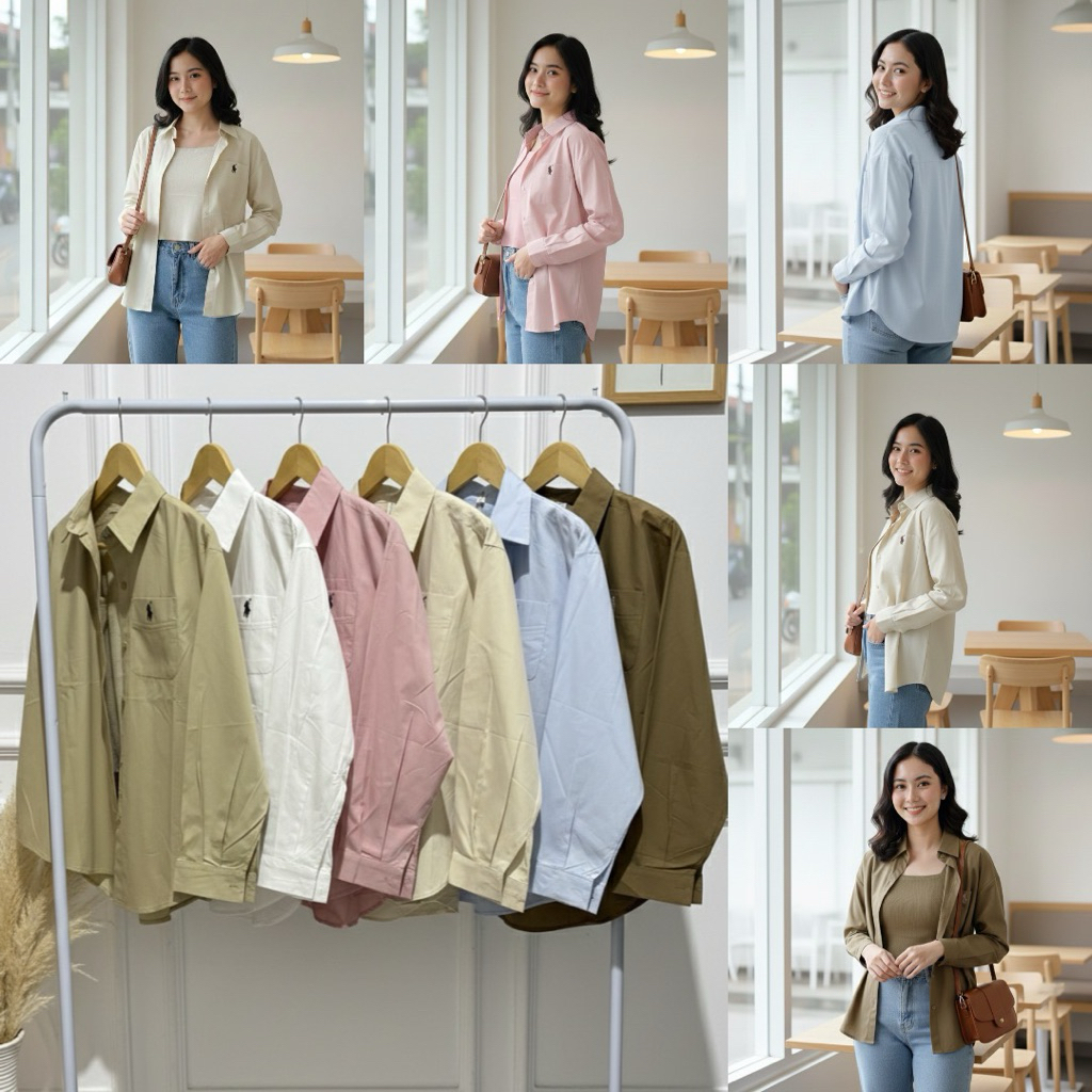 Kemeja Basic Wanita Oversize Lengan Panjang Logo Kuda (Include Inner)