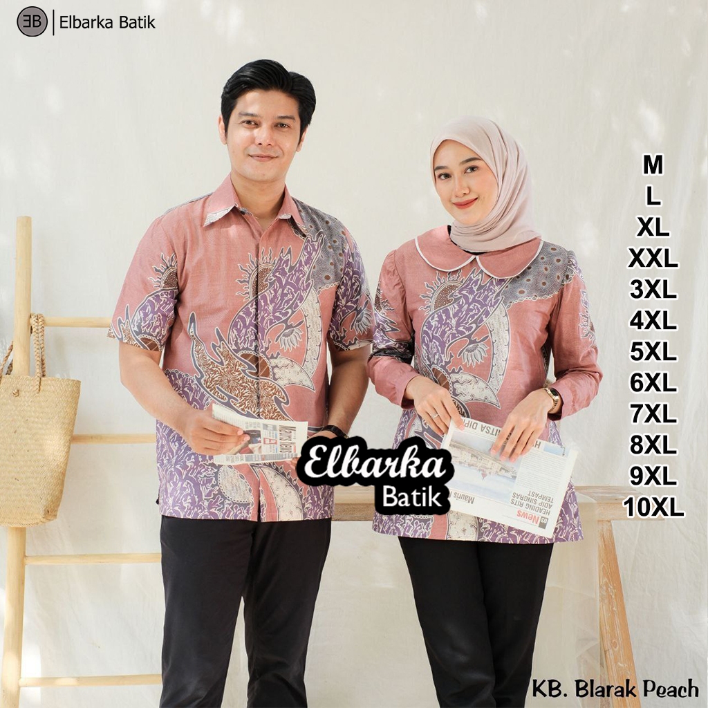 Elbarka Batik - Couple Atasan Batik Pria Wanita Jumbo - Kemeja Lengan Pendek - Blus Kerah Daun Bigsi