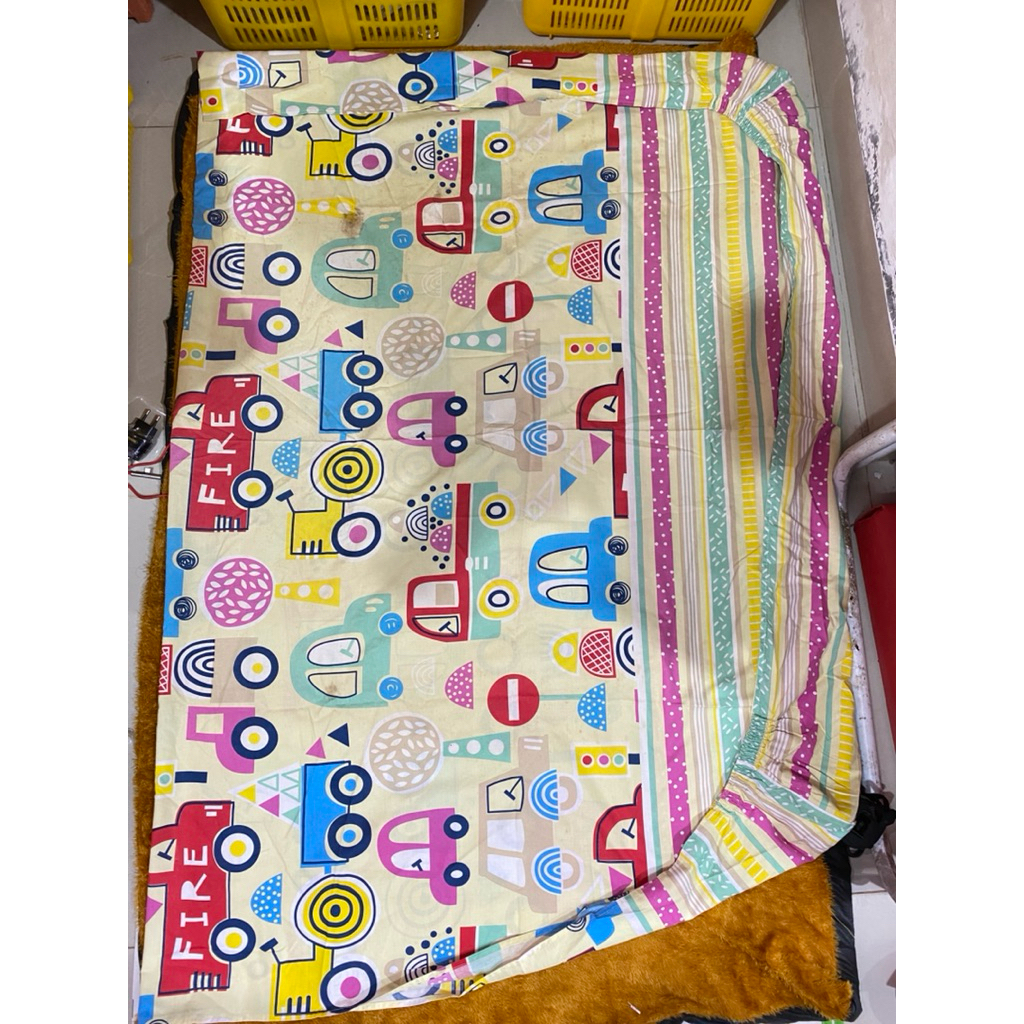 PL Set Sprei Sarung Bantal 1 Motif Kartun Kendaraan Mobil Ukuran Single 120x190cm (ada noda)