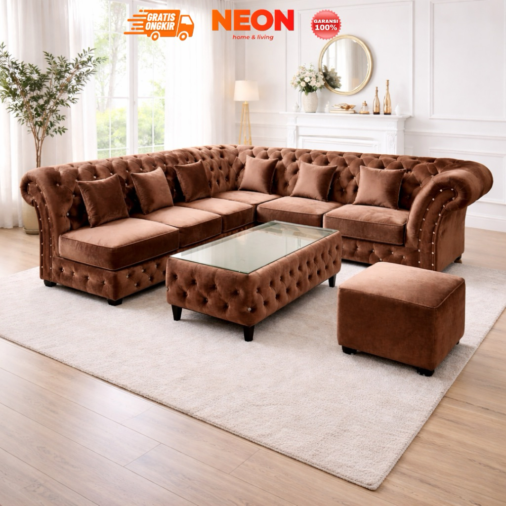 NEON Sofa Raja | Sofa Sudut | Sofa L Ruang Tamu Klasik | Sofa Chesterfield Mewah Makassar