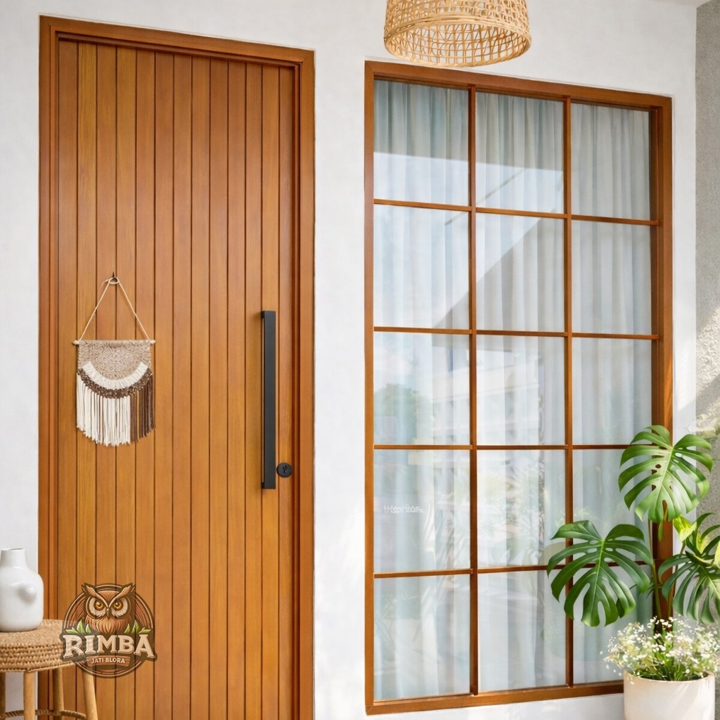 Pintu Rumah Kayu Jati Perhutani Talang Air Minimalis 80x200 dan Kusen Sudah Finishing