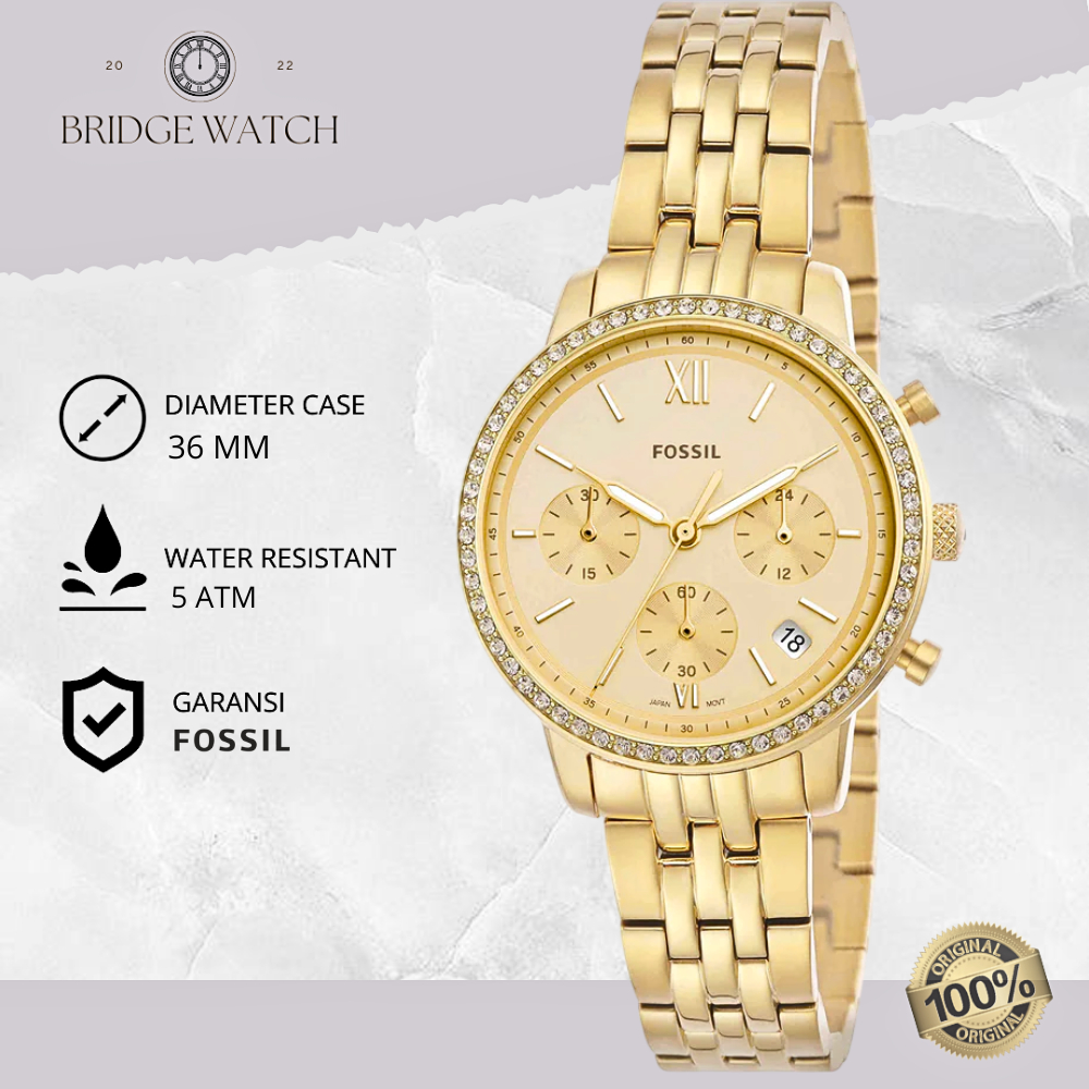 Jam Tangan Wanita Fossil ES5219 Neutra Chronograph Gold Stainless Steel Strap Rantai Mewah Original