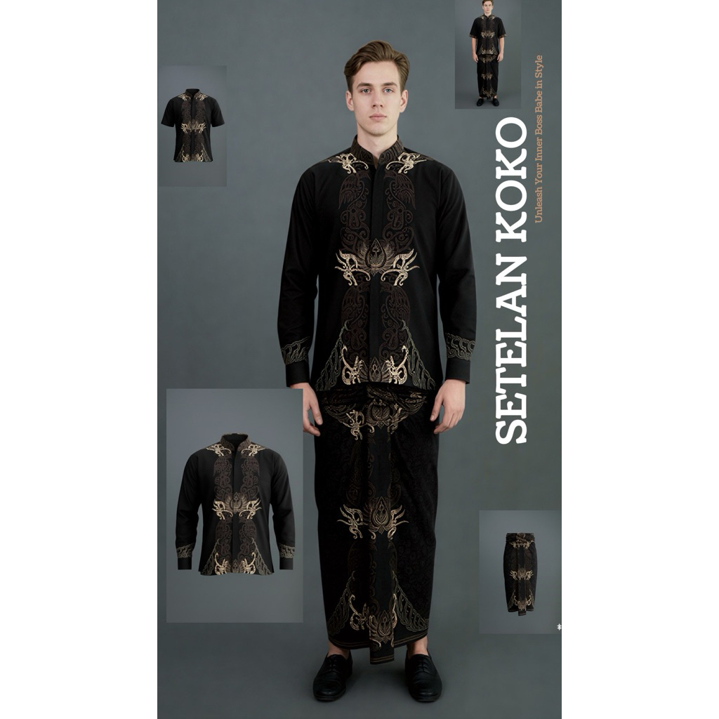 Setelan Koko Pria Slimfit Lengan Panjang & Sarung Batik Mewah