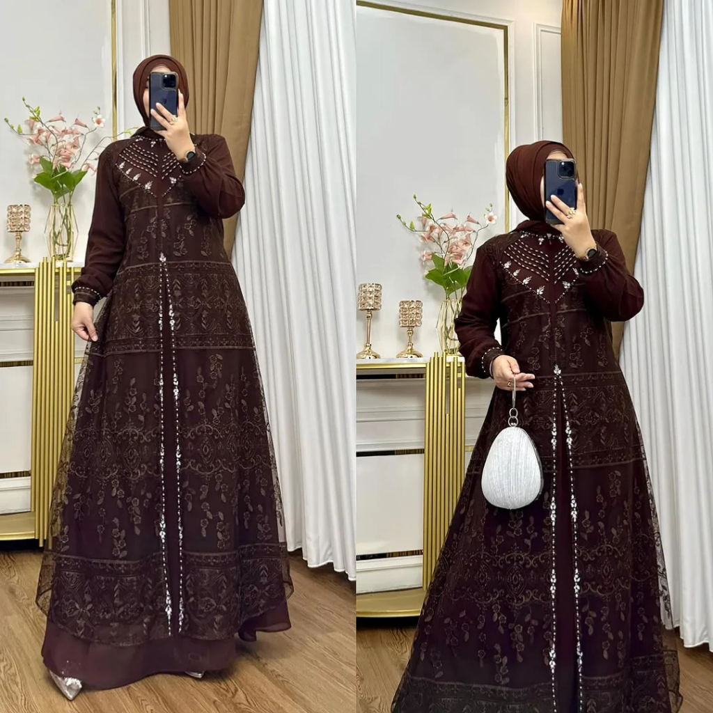 Dress Lebaran Aqila Dress Gamis Mewah Brukat Ceruty Puring viral 2026